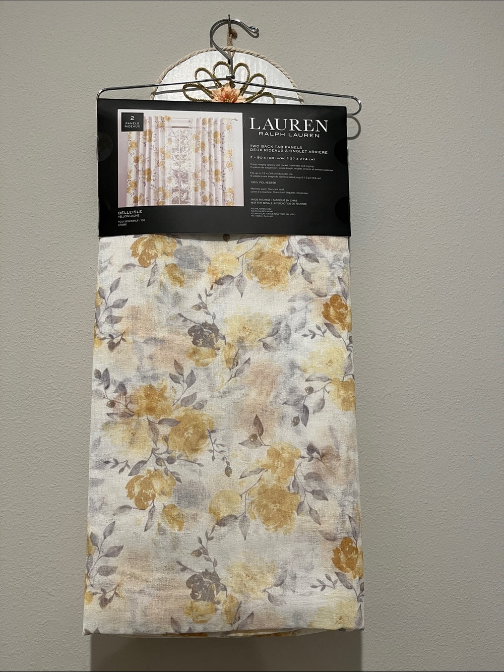 Lauren Ralph Lauren Yellow and Gray Floral Sheer Curtain Panel